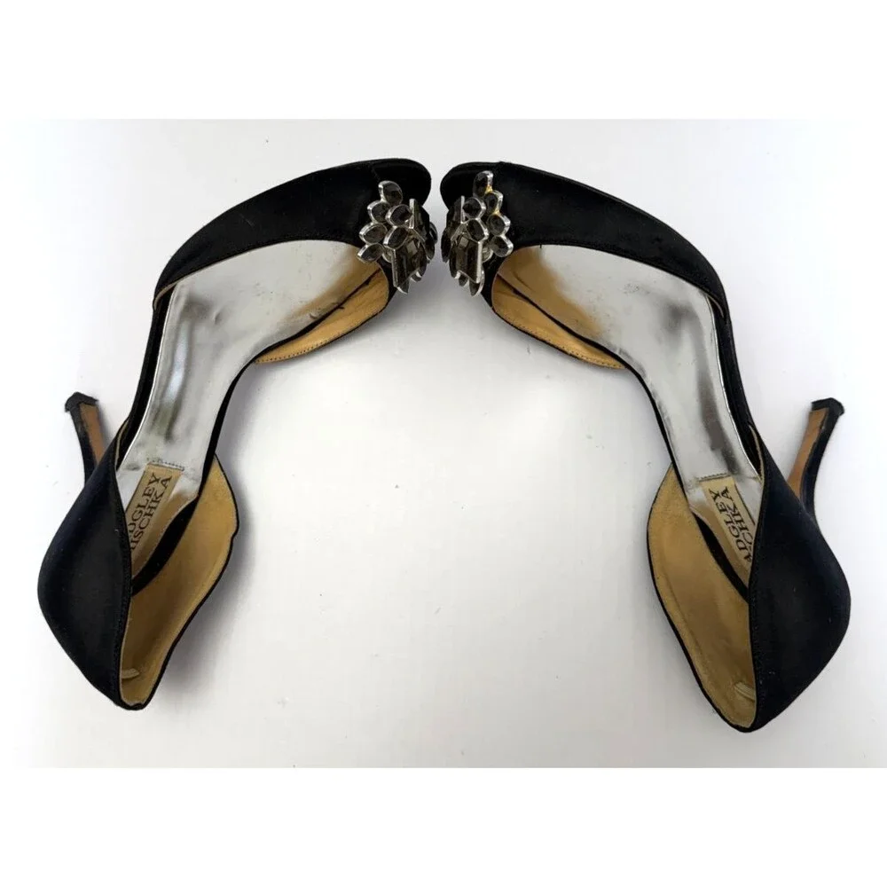 BADGLEY MISCHKA BLACK SATIN D’ORSAY OPEN TOE RHINESTONE EMBELLISHED HEELS SZ 7M